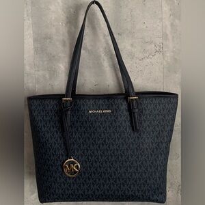 Michael Kors Jet Set Blue Black MK Print Canvas Double Handles Tote Bag